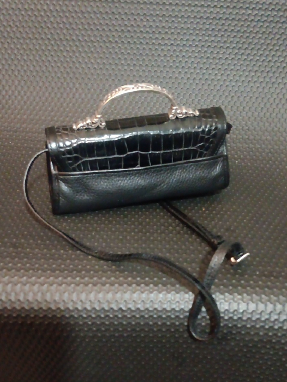 Black Croc-Embossed Leather Shoulder Bag with Silver Hardware - Picture 7 of 7